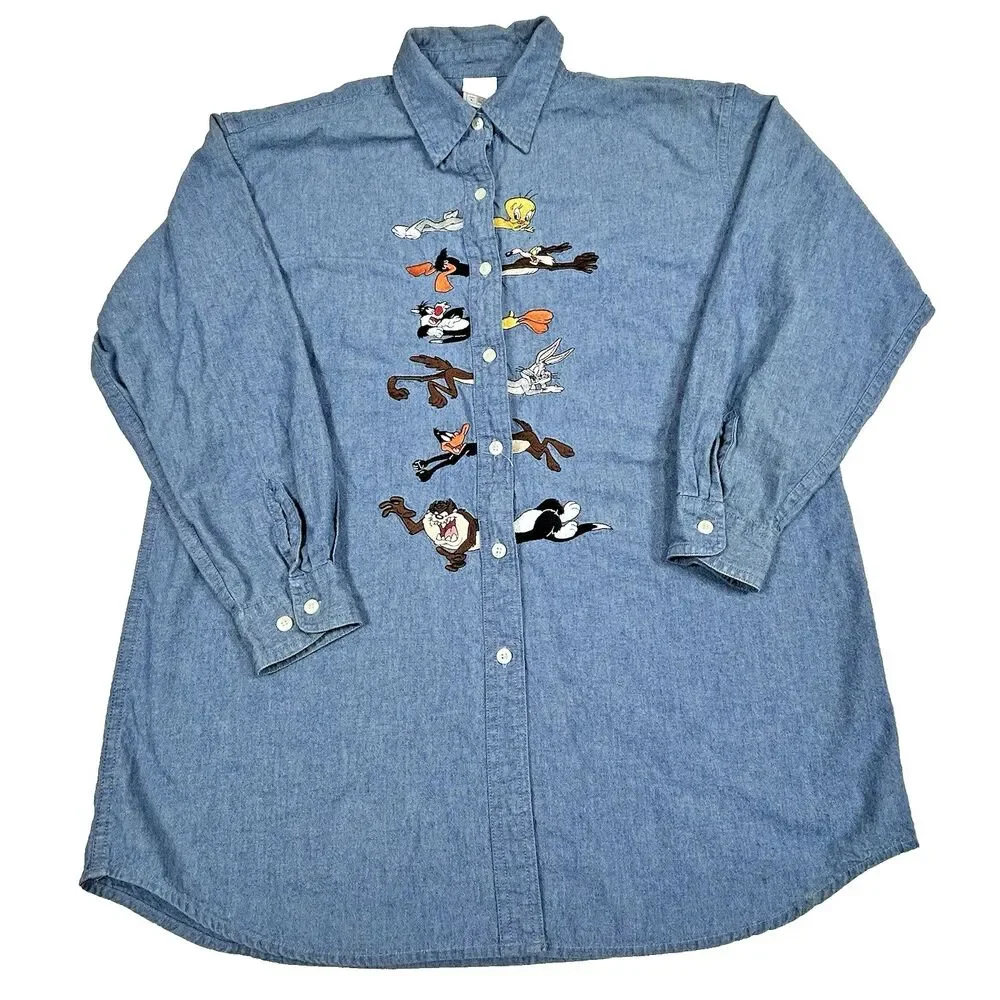 Warner Bros. Studio Store Looney Tunes Cotton Chambray Blue Shirt Embroidered - Picture 1 of 16